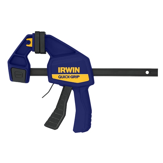 Photo of IRWIN Quick-Grip bar clamp with blue and yellow handle, side view, SKU 1964717.