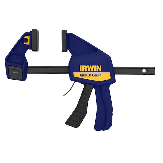 IRWIN 1964717 QUICK-GRIP bar clamp, blue and black, side angle, white background.