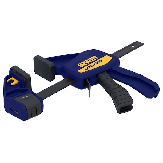 IRWIN 1964717 photography of blue and yellow quick-grip bar clamp, angled view on white background.