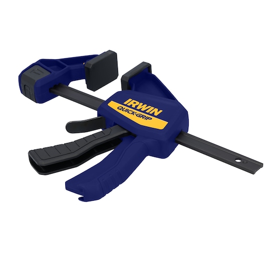 IRWIN 1964717 blue and yellow one-handed bar clamp, side view on white background.