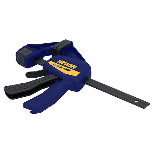 IRWIN 1964717 blue and yellow Quick-Grip bar clamp, side angle, on white background