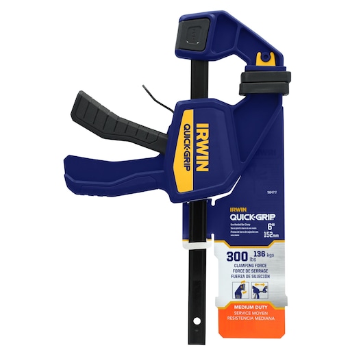 Photo of IRWIN QUICK-GRIP 6-inch medium duty bar clamp with blue and yellow handle, SKU 1964717, side angle.