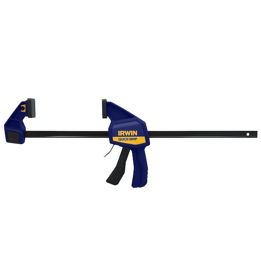 Photo of IRWIN 1964719 bar clamp in blue and yellow, side view on white background.