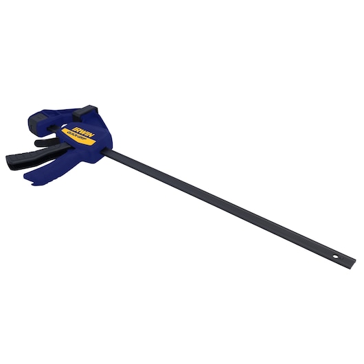 Photo of IRWIN QUICK-GRIP bar clamp with blue and yellow handle, SKU 1964719, on white background.