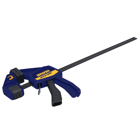 IRWIN bar clamp with blue and black handle, yellow accent, side angle, SKU 1964719.