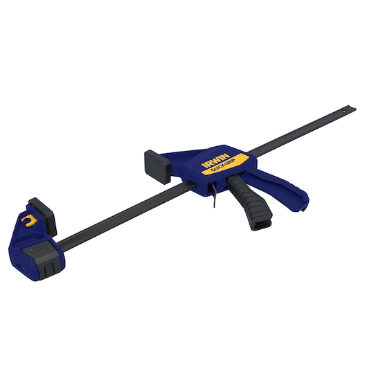 IRWIN bar clamp 1964719, blue and yellow, photography, side angle on white background.