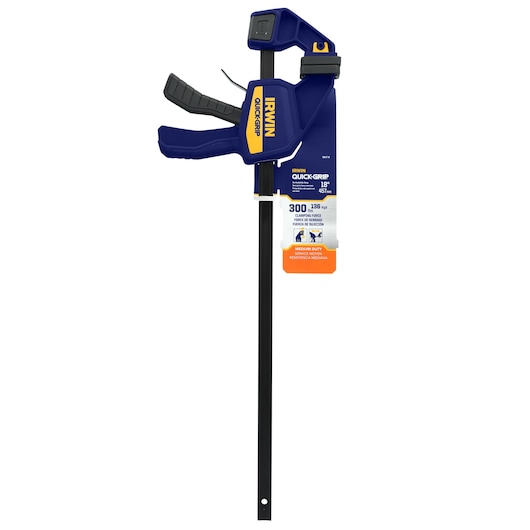 IRWIN QUICK-GRIP bar clamp 18-inch, blue and yellow, front angle, SKU 1964719, photography on white background.