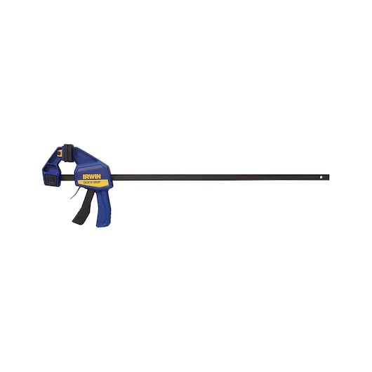 IRWIN 1964720 bar clamp with blue and yellow handle, side angle on white background.