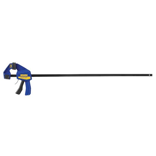 Photo of IRWIN bar clamp 1964741, blue and yellow, side angle on white background.