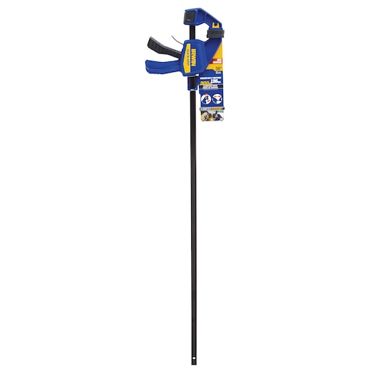 IRWIN 1964741 blue and yellow one-handed bar clamp, 36-inch, front angle on white background.