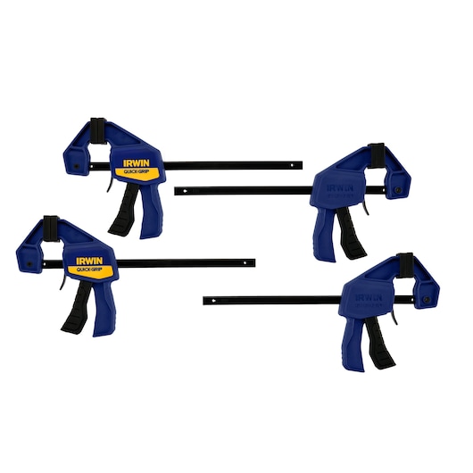 Photo of four IRWIN 1964758 blue and black bar clamps with QUICK-GRIP branding, side view on white background.