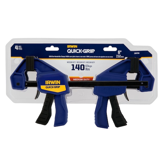 IRWIN QUICK-GRIP mini one-handed bar clamps 4-pack, blue and black, 6 inch size, front angle, SKU 1964758.