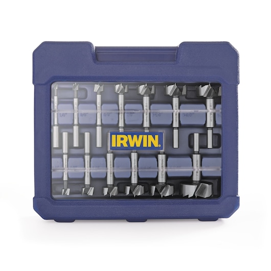 IRWIN 1966893 drill bit set in blue hard case, front angle, clear window showing multiple metal bits arranged inside.