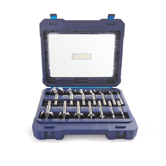 IRWIN 1966893 drill bit set in blue hard case, open, showing assorted bits organized in slots, front angle.