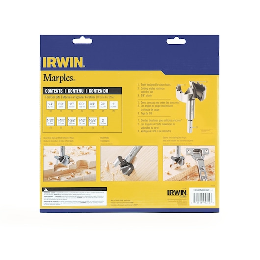 Photo of IRWIN Marples 1966893 Forstner bits set packaging, showing labeled sizes, features, and usage illustrations, rear angle.