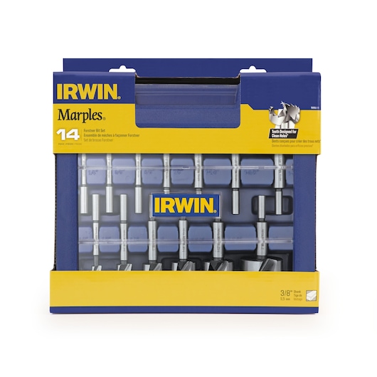 IRWIN 1966893 Forstner bit set, 14 pieces, blue and yellow packaging, front angle photo.