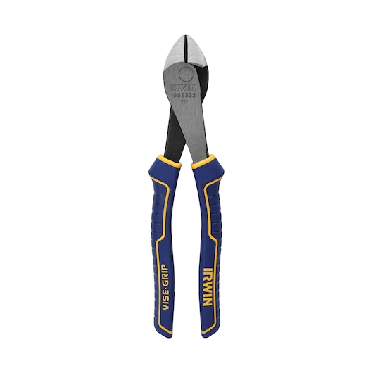 IRWIN 1968333 side-cutting pliers with blue and yellow handles, front view, white background.