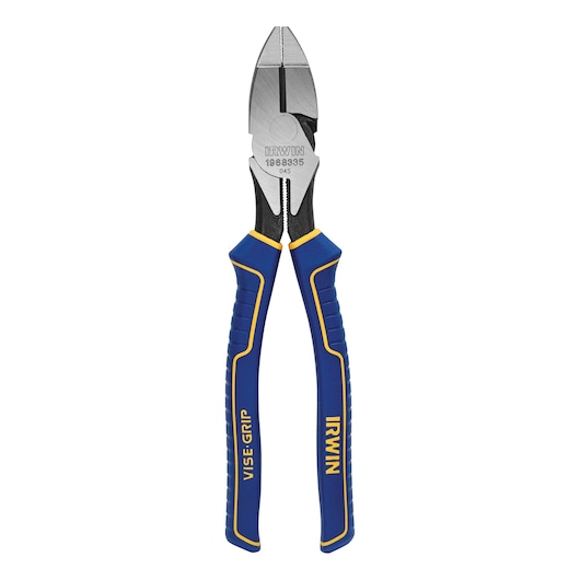 Photo of IRWIN 1968335 lineman's pliers with blue and yellow handles, front angle on white background.