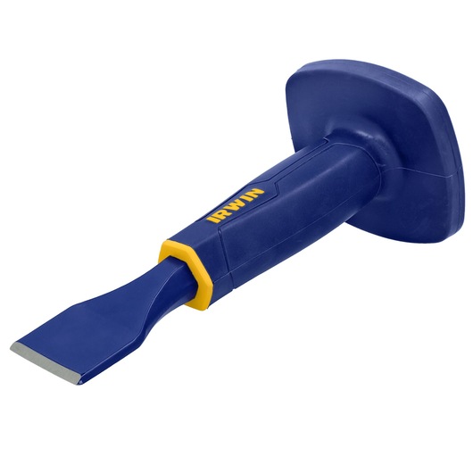 Photo of IRWIN 1992554 blue and yellow masonry chisel with hand guard, angled on white background.