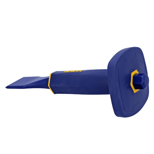 IRWIN 1992554 blue and yellow hand chisel with protective hand guard, side angle, white background.