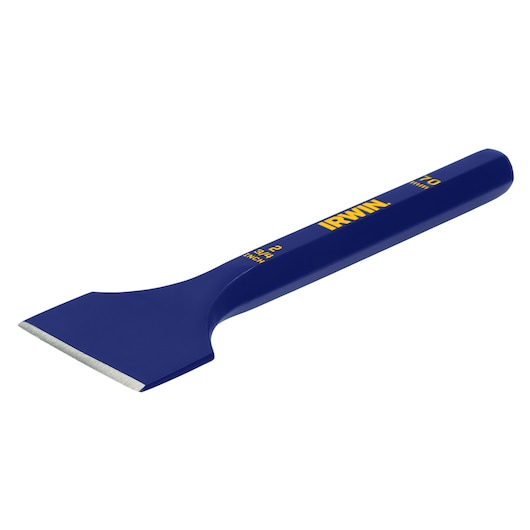 IRWIN 1992555 blue masonry chisel with wide flat blade, angled right on white background.