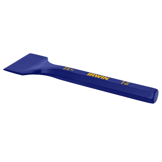 IRWIN 1992555 blue hex shank floor chisel, angled side view on white background.