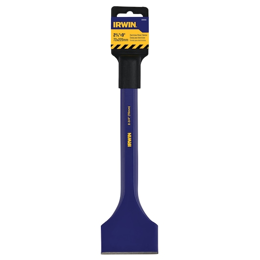 IRWIN 2-3/4 inch electrician chisel with hand guard, SKU 1992555, blue steel, front view on white background.