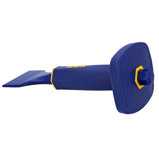 Photo of IRWIN 1992557 blue and yellow brick chisel with hand guard, side angle on white background.