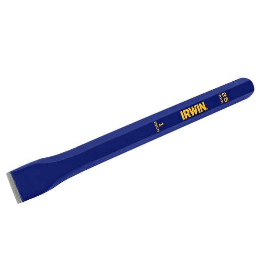IRWIN 1992558 blue cold chisel, 1 inch, 25 mm marking, angled product photo on white background.