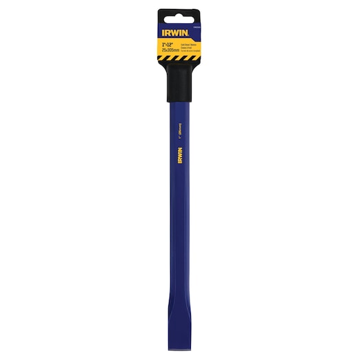 IRWIN 1992558 cold chisel with blue hexagonal body, flat blade tip, and yellow branding, front angle on white background.