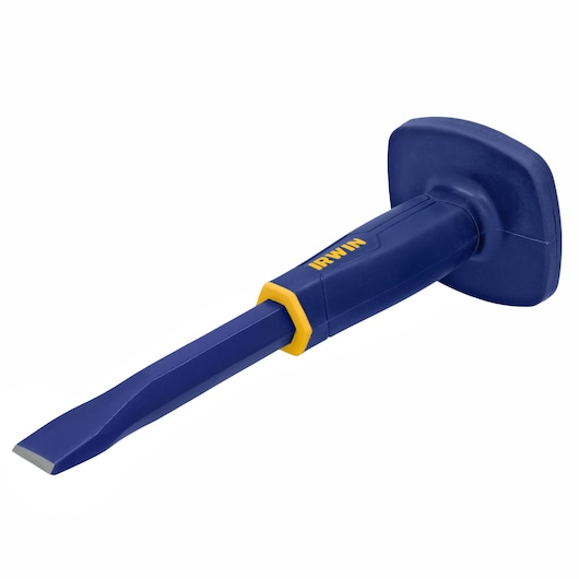 Photo of IRWIN 1992559 blue and yellow mason chisel with hand guard, angled on white background.