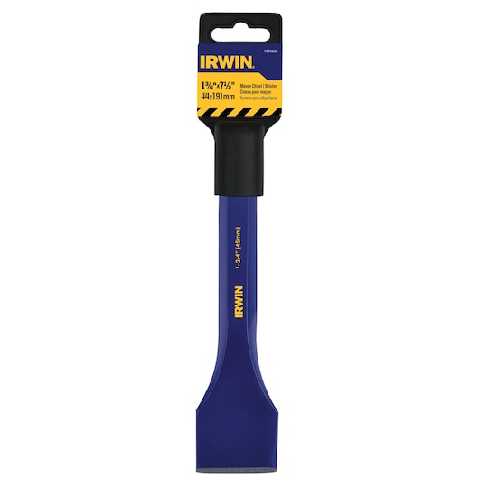 IRWIN 1992668 mason chisel with blue blade and black grip, front angle on white background.