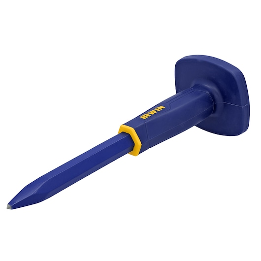 IRWIN 1992678 blue and yellow hex shaft cold chisel with hand guard, angled front view, white background.