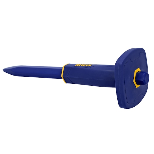 IRWIN 1992678 blue and yellow cold chisel with hand guard, angled view on white background.