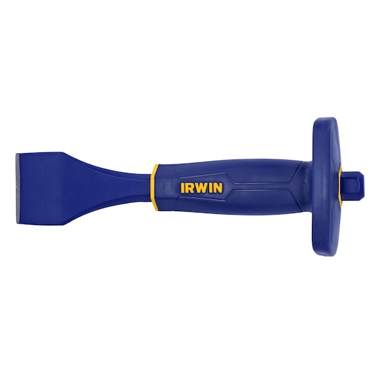 IRWIN blue and yellow hand chisel tool, SKU 1992679, side angle, with protective grip, on white background.