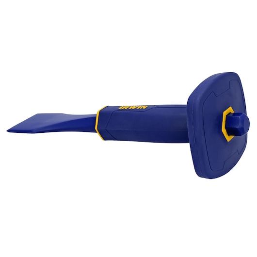 IRWIN 1992679 blue and yellow masonry chisel with hand guard, side angle on white background.