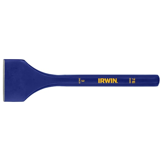 Photo of IRWIN 1992680 blue 3-inch brick chisel, flat angle, yellow text on shaft, white background.
