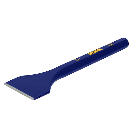 Photo of IRWIN 1992680 blue floor chisel with flat wide blade, angled view on white background.