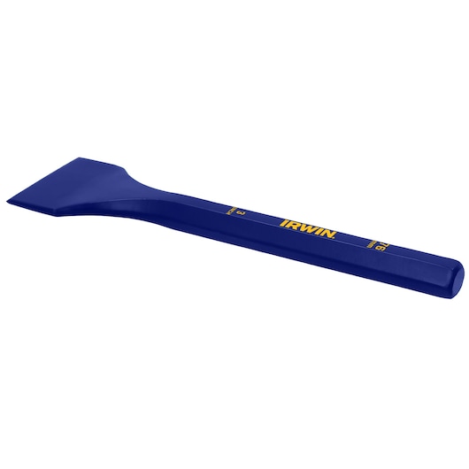 Photo of IRWIN 1992680 blue steel chisel bar, angled view on white background, hand tool for prying and scraping.