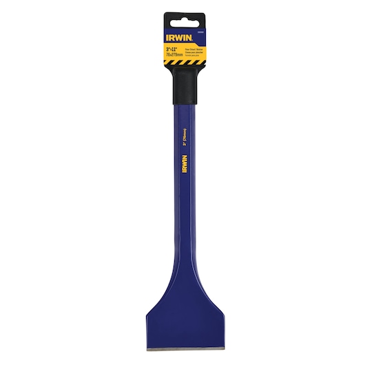 IRWIN 1992680 blue floor chisel, straight front angle, steel, with label on handle, white background.