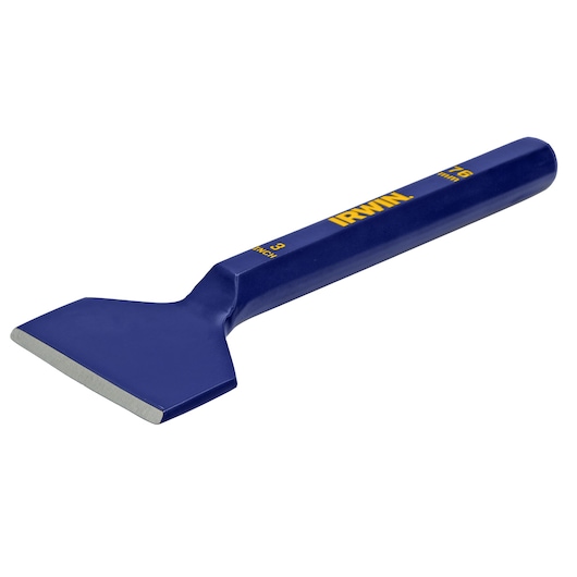 IRWIN 1992681 blue forged scraping chisel with wide flat blade, angled view, on white background.