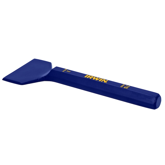 IRWIN 1992681 blue masonry chisel with angled blade, shown on white background, side view.
