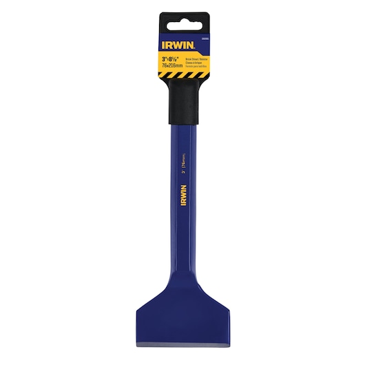IRWIN 1992681 brick chisel, blue steel, flat blade, front angle, photography on white background