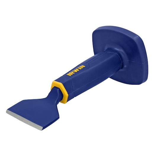IRWIN 1992682 blue and yellow brick chisel with wide blade and protective hand guard, angled on white background.