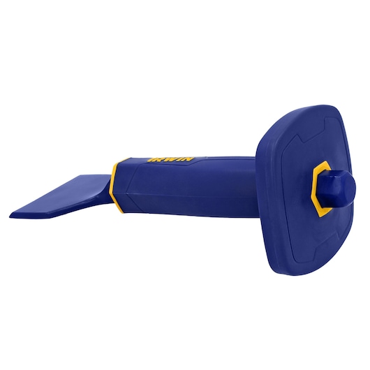 IRWIN 1992682 blue and yellow masonry chisel, side angle on white background.