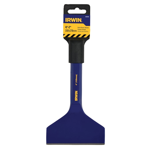 IRWIN 1992683 brick chisel with blue blade and black hand guard, front angle on white background.