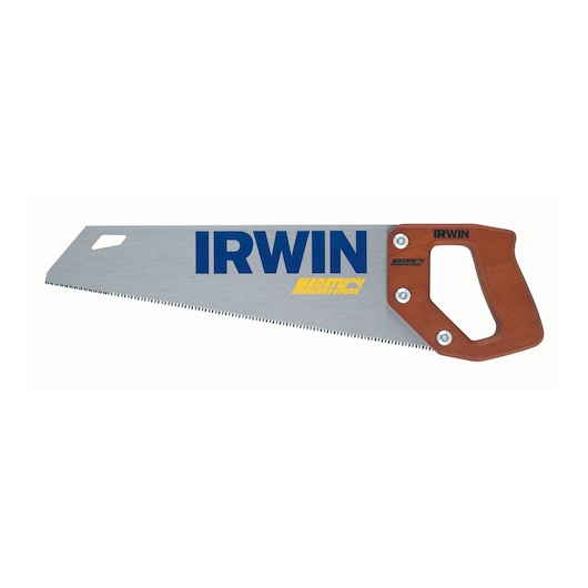IRWIN hand saw 2011102 with blue logo, wood handle, silver blade, right side angle on white background.