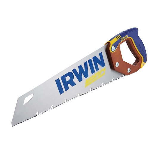 IRWIN hand saw 2011201 with blue and yellow handle, side angle on white background.