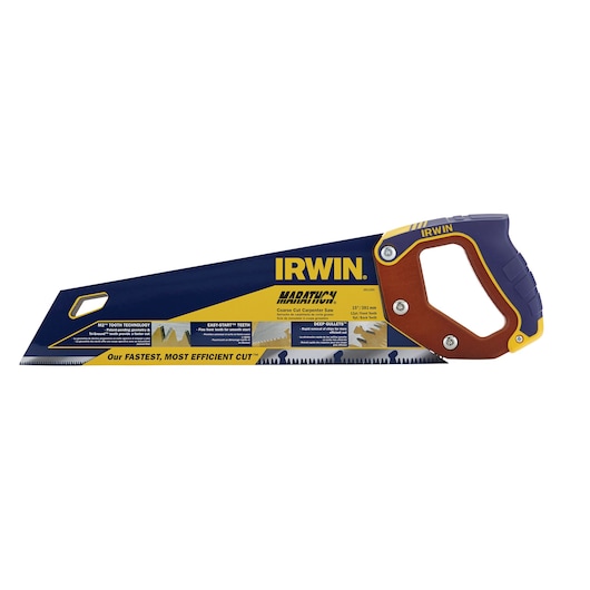 IRWIN 2011201 coarse cut carpenter saw with blue blade, brown and blue ergonomic handle, side view on white background.