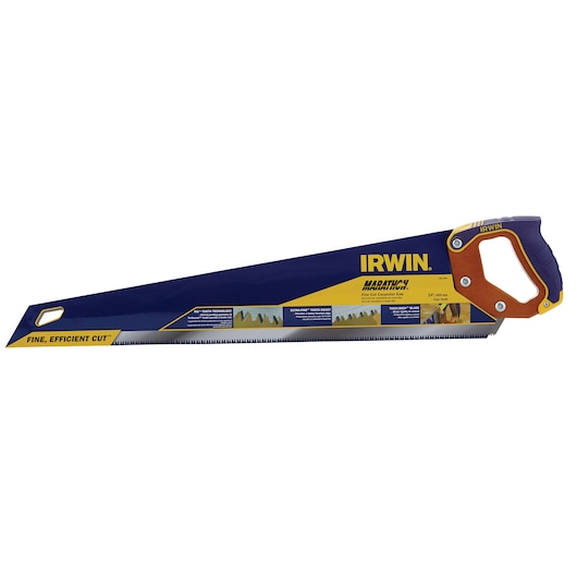 IRWIN hand saw 2011202 with blue and yellow Marathon packaging, showing ergonomic handle and fine-cut blade, side view.